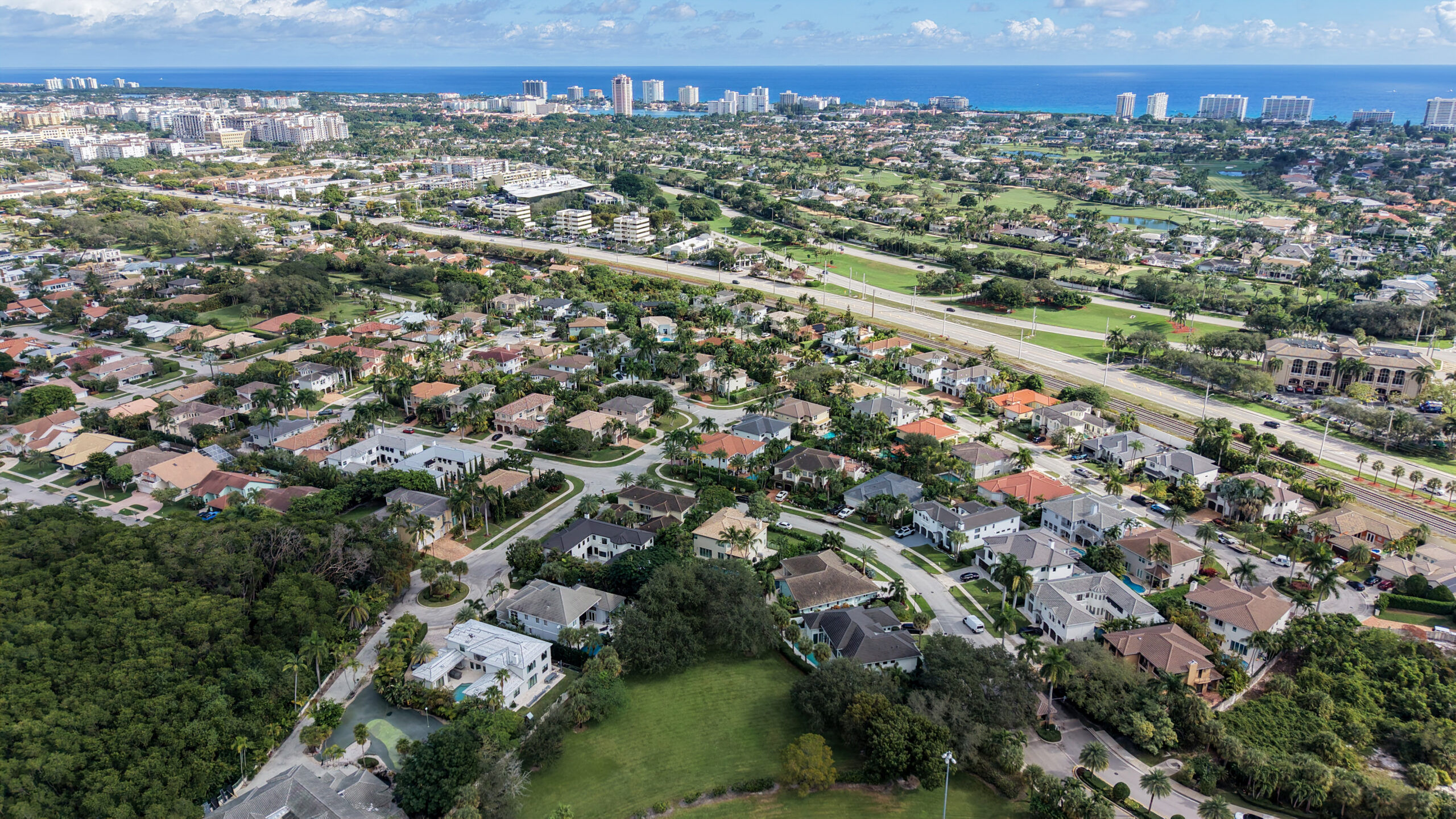 Aerial view of Boca East Estates gated single-family neighborhood in East Boca Raton