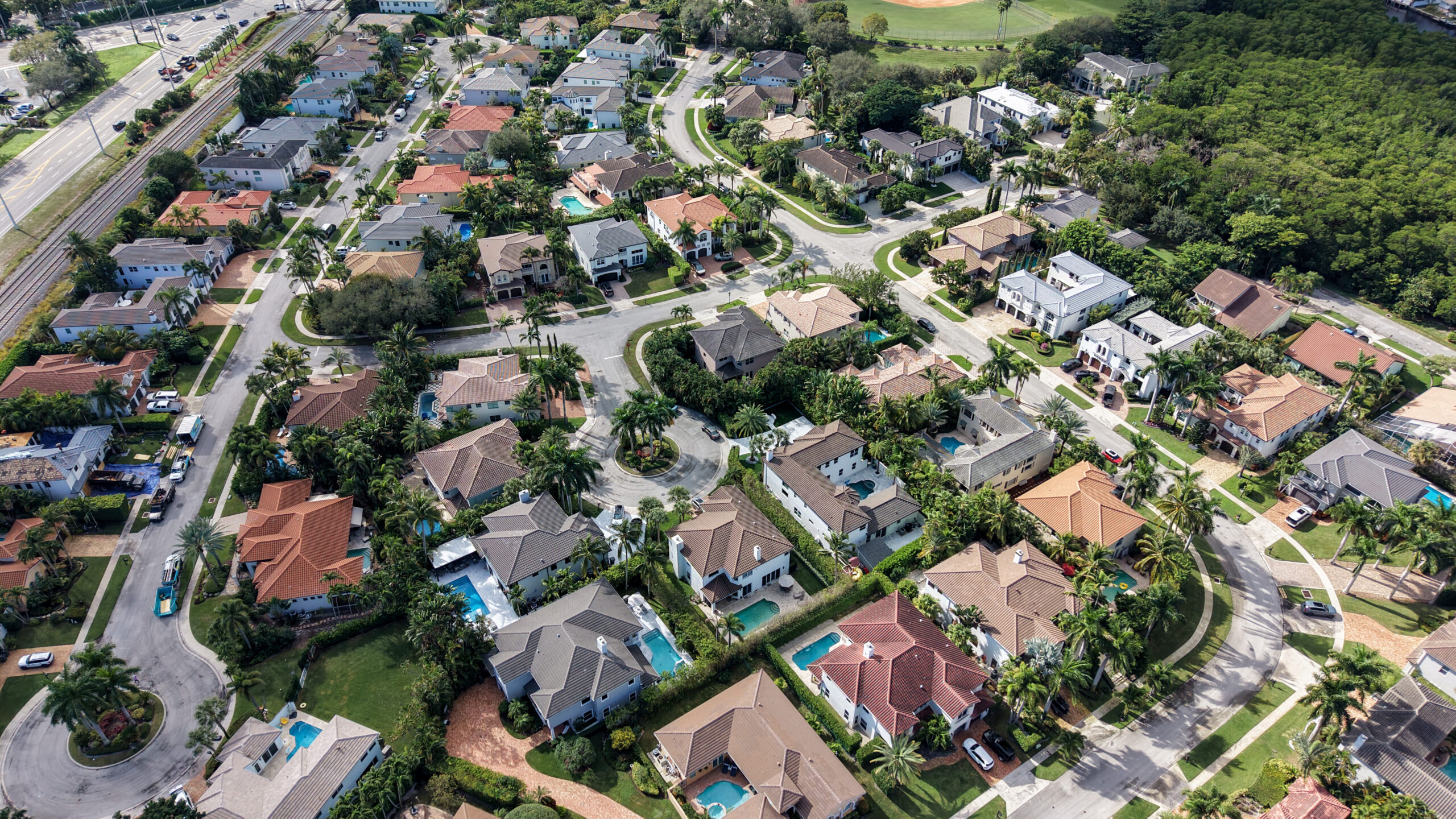 Neighborhood aerial of Boca East Estates near El Rio Park in East Boca Raton