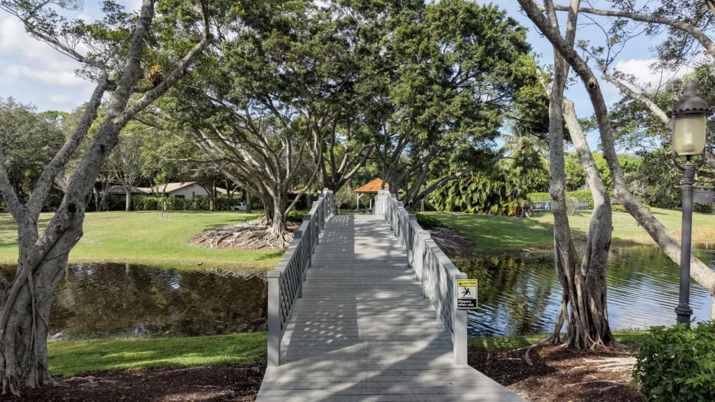 Pedestrian bridge over the lake in the Millpond neighborhood of Boca Raton