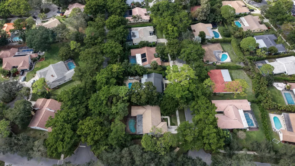 Aerial view highlighting the dense tree canopy in the Millpond neighborhood of Boca Raton
