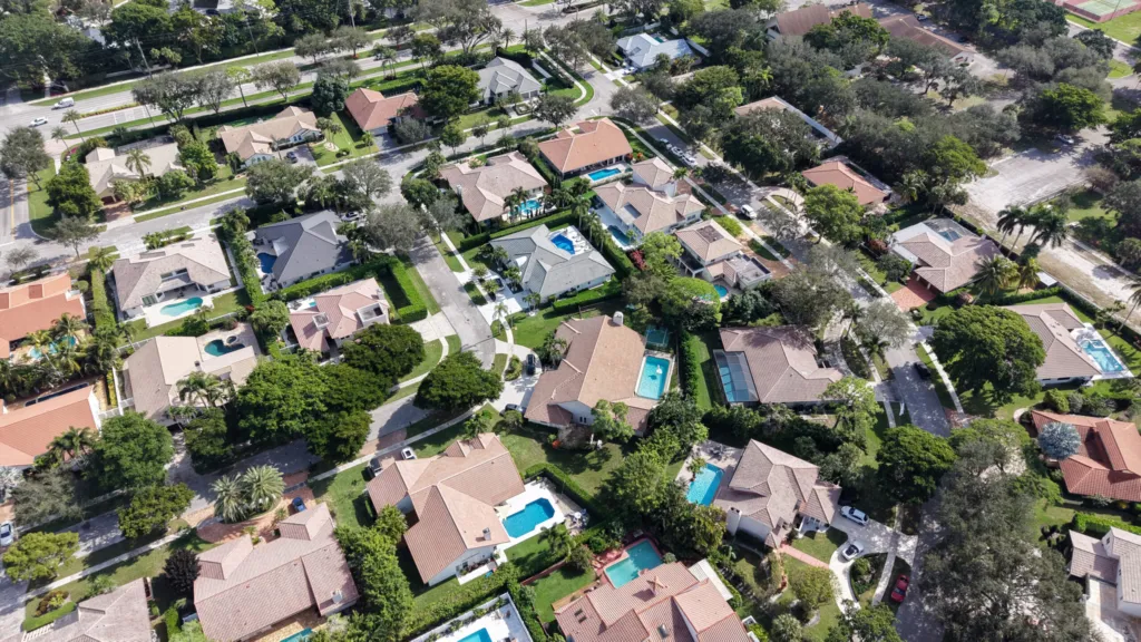 Aerial view of homes and residential streets in New Floresta Boca Raton