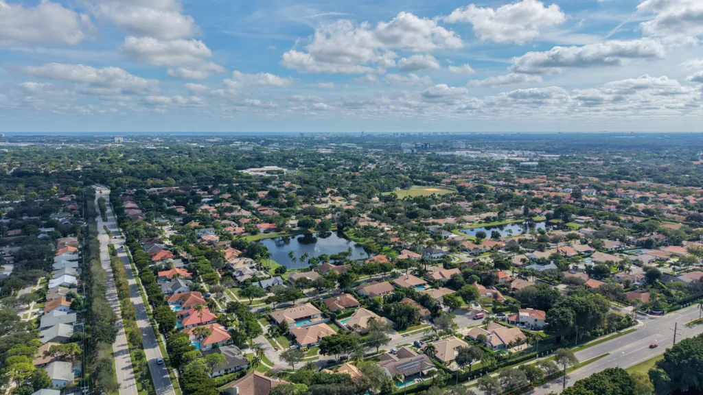 High-altitude aerial showing New Floresta neighborhood location in Boca Raton, Florida