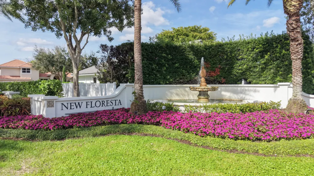 New Floresta neighborhood sign and fountain in Boca Raton, Florida