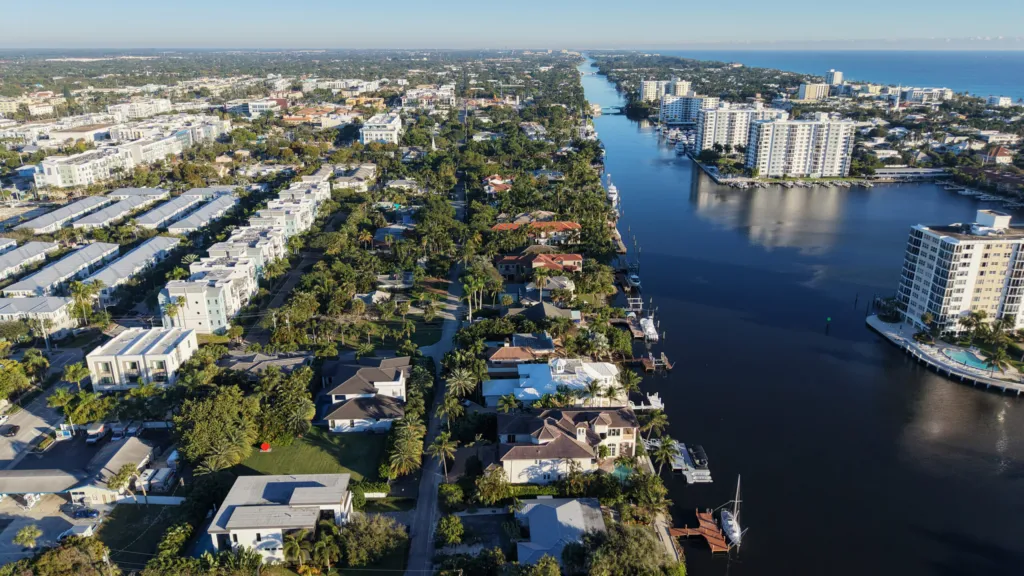 Aerial view down the Intracoastal Waterway near Palm Trail in Delray Beach, Florida