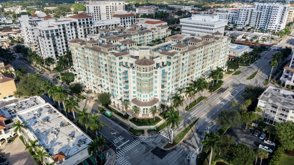 Aerial view of Palmetto Place condominium in downtown Boca Raton, Florida