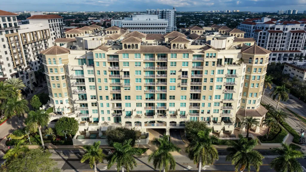 Mediterranean-style exterior of Palmetto Place in downtown Boca Raton, Florida