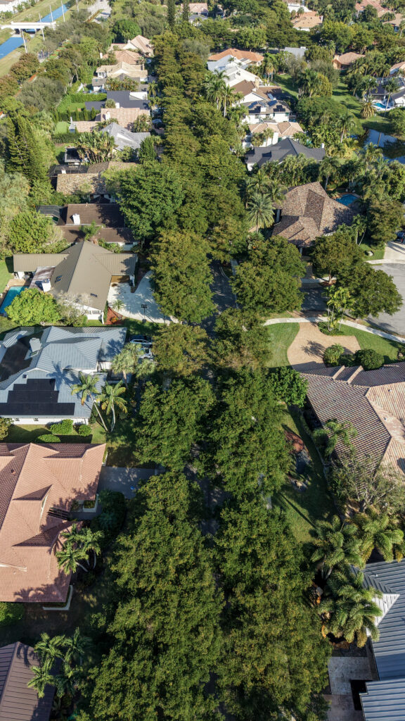 Tree-canopied residential street in the Parkside community of Boca Raton
