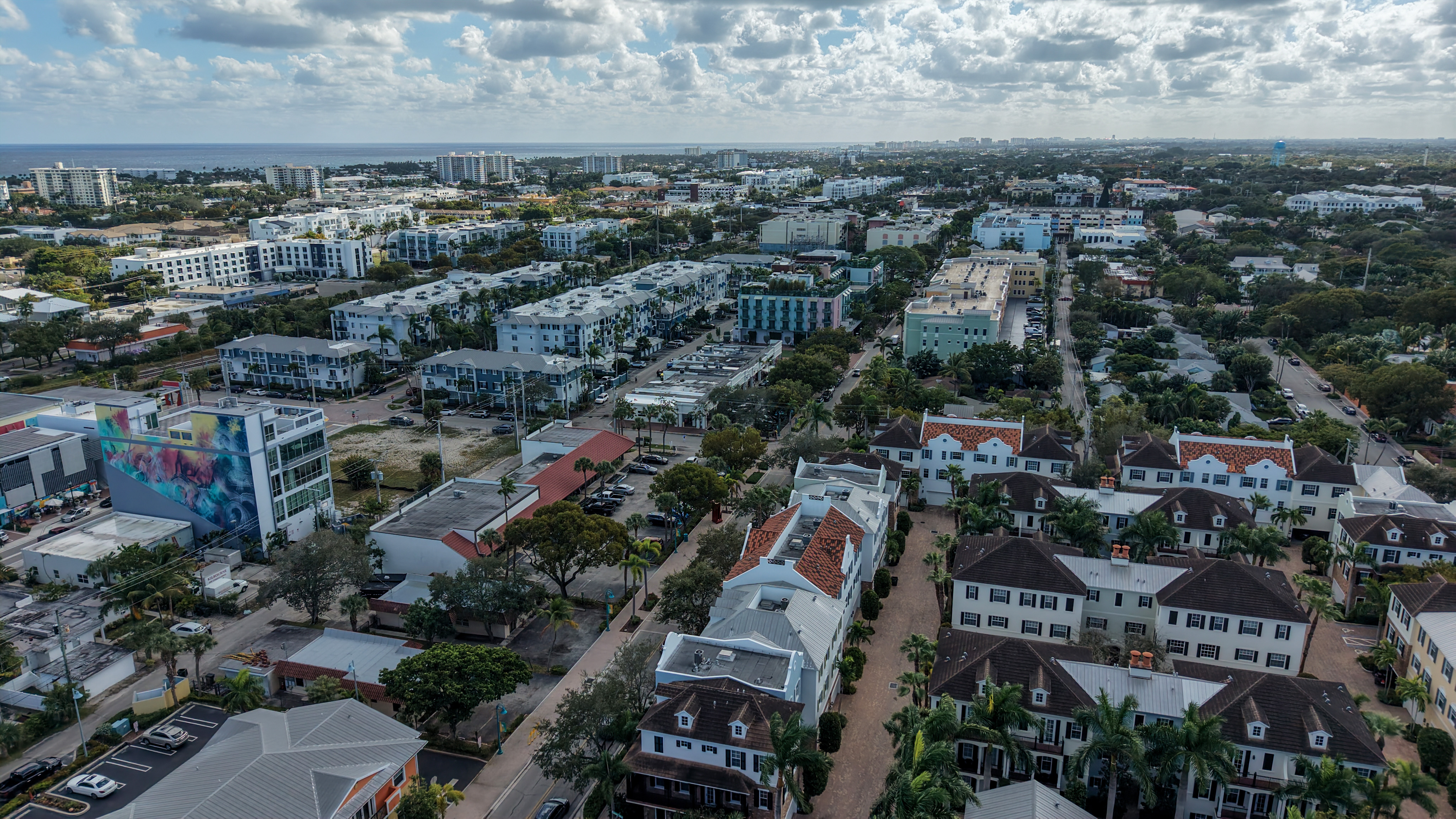 Neighborhood aerial of Pineapple Grove near Atlantic Avenue in Delray Beach