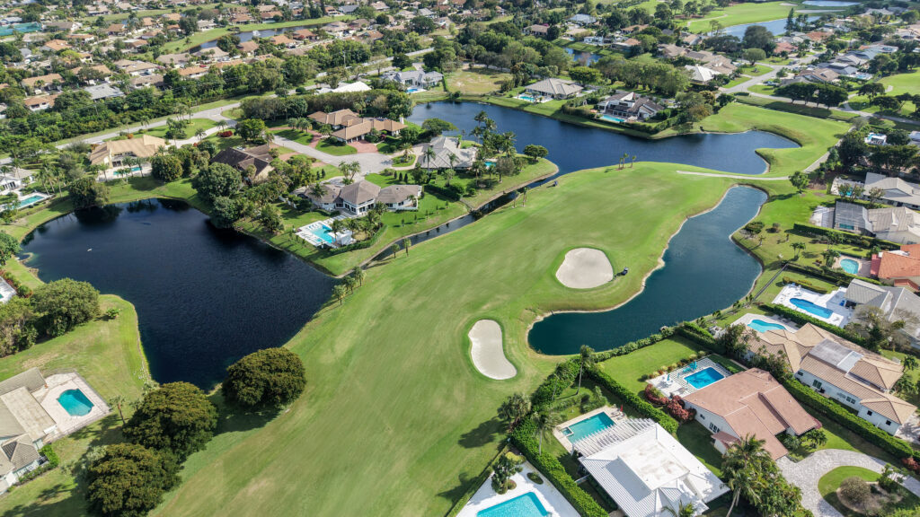 Aerial view of The Hamlet at Seagate Country Club golf community in Delray Beach, Florida
