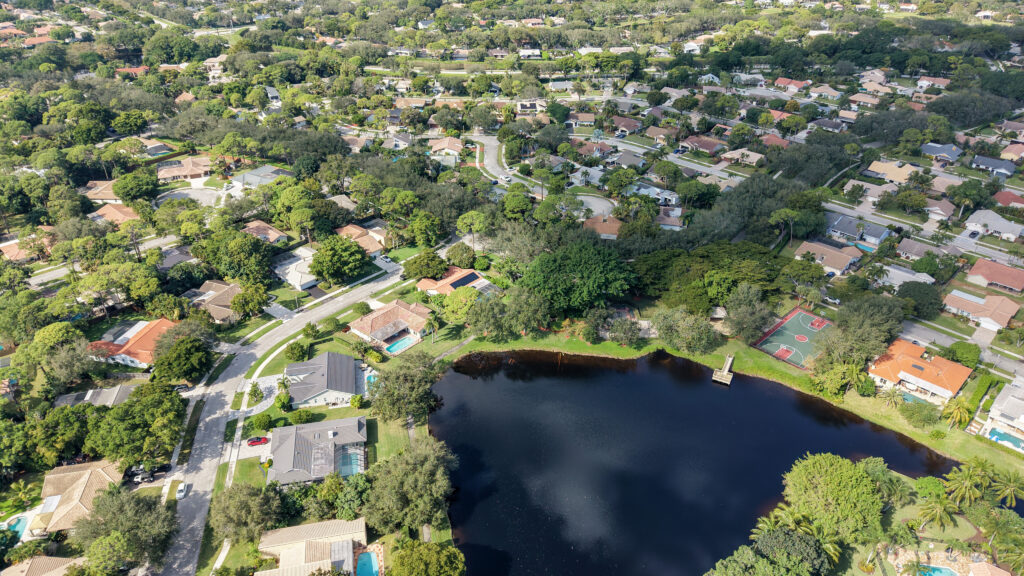Aerial view of the Timbercreek neighborhood lake in Boca Raton