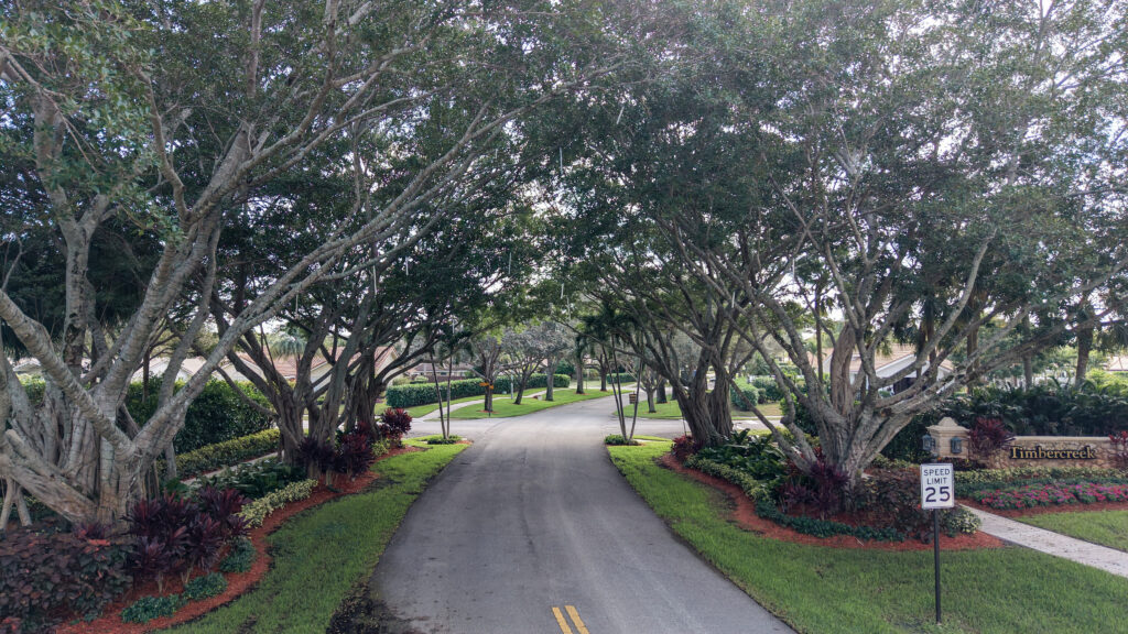Tree-lined entrance street in the Timbercreek neighborhood of Boca Raton