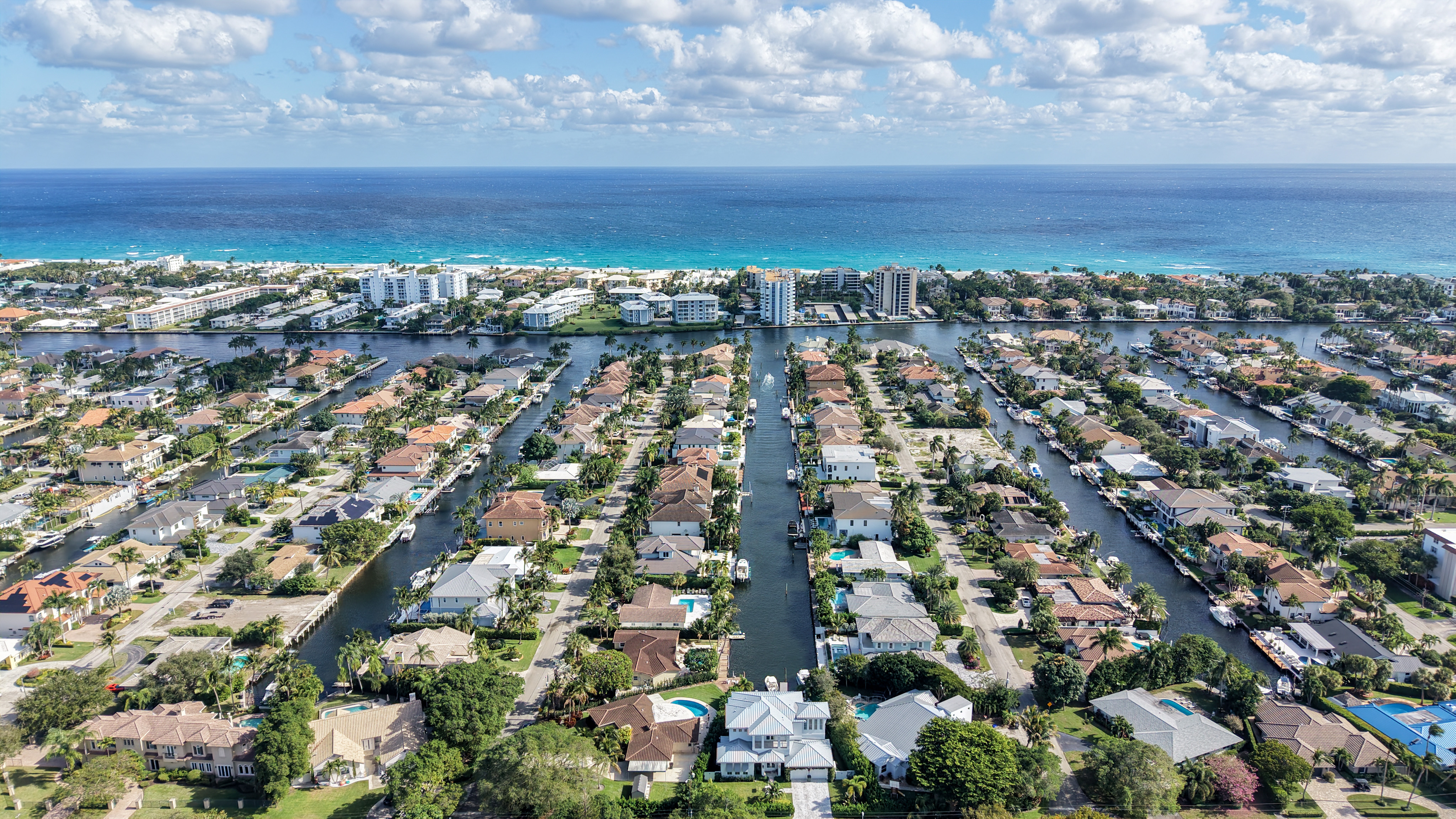 Aerial view of Tropic Isle waterfront streets in Delray Beach