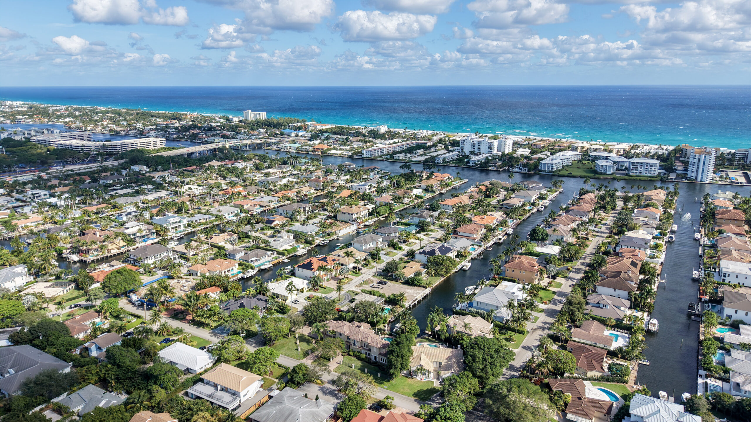 Aerial view of Tropic Isle waterfront homes in Delray Beach