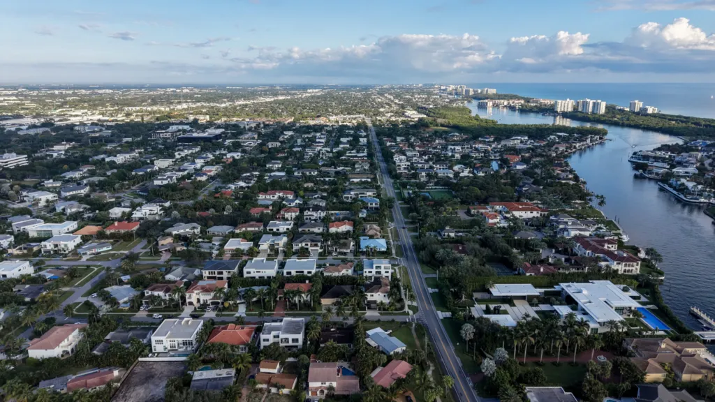 High aerial showing the Intracoastal corridor near the Golden Triangle area of Boca Raton