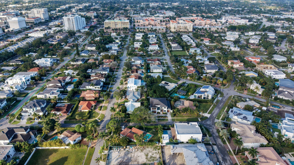 Neighborhood aerial showing streets and homes in the Golden Triangle area of Boca Raton
