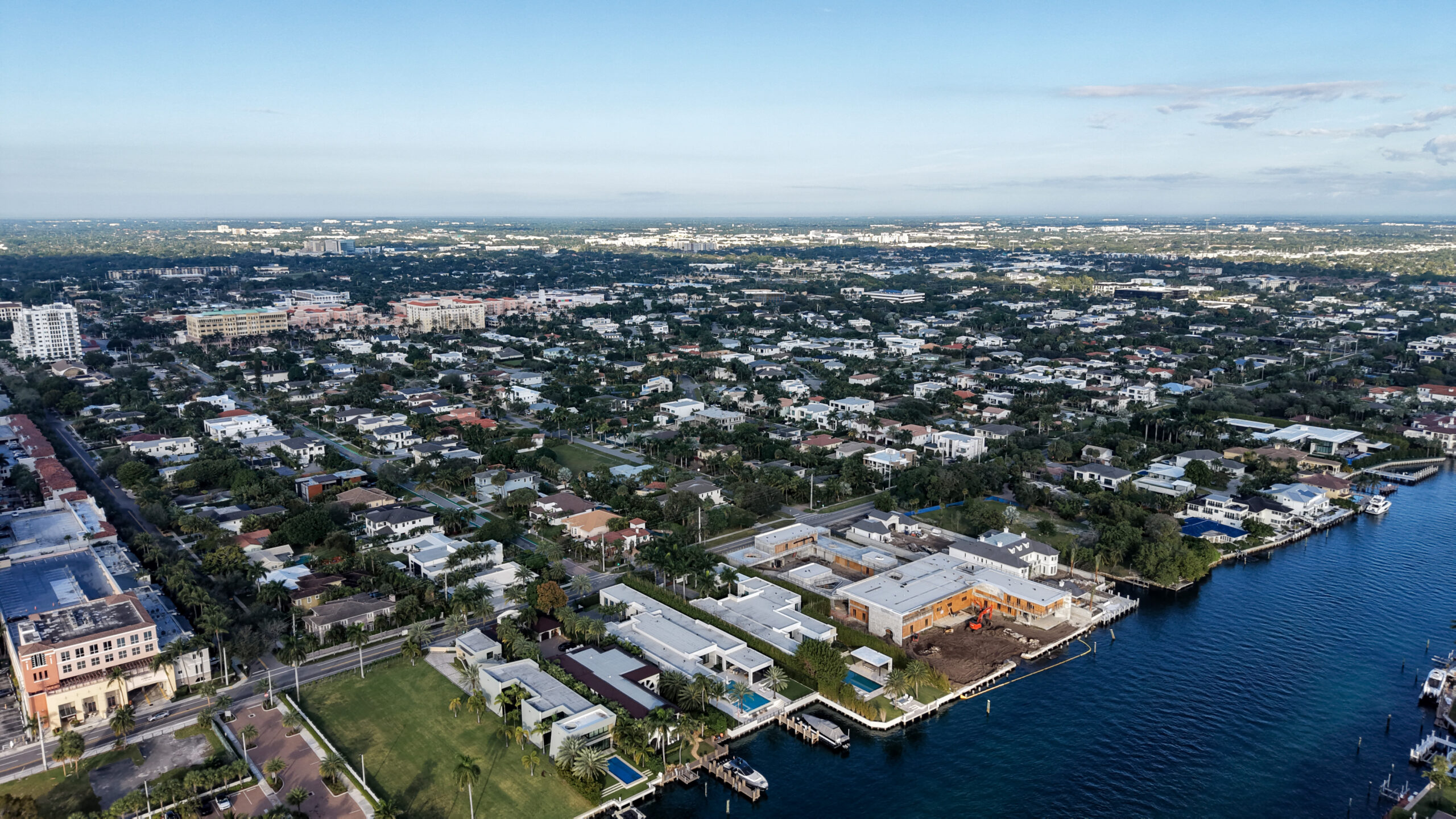 Aerial view of the Golden Triangle neighborhood in Boca Raton along the waterway edge and park